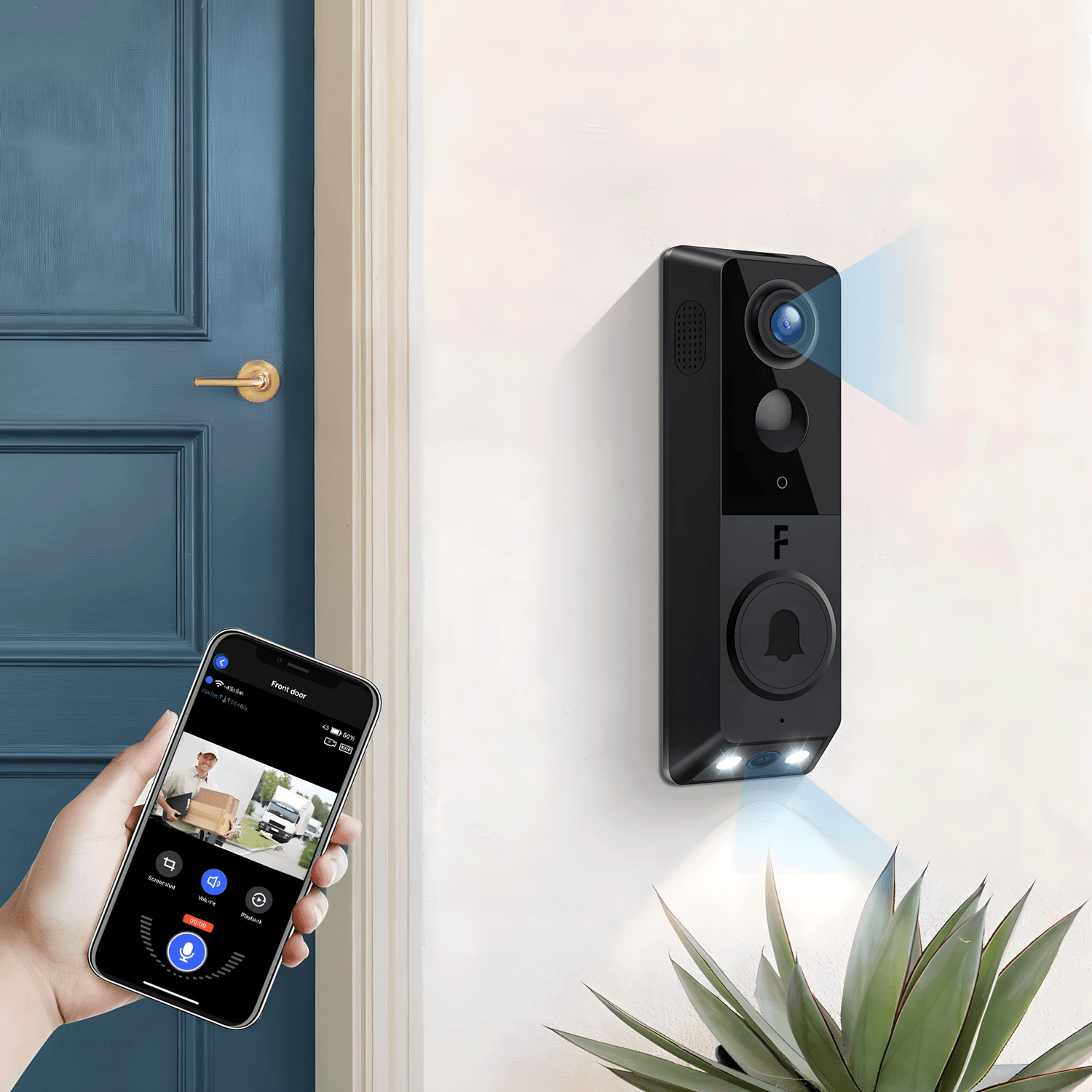 Timbre inteligente con cámara se conecta al móvil para monitoreo en vivo y audio bidireccional.