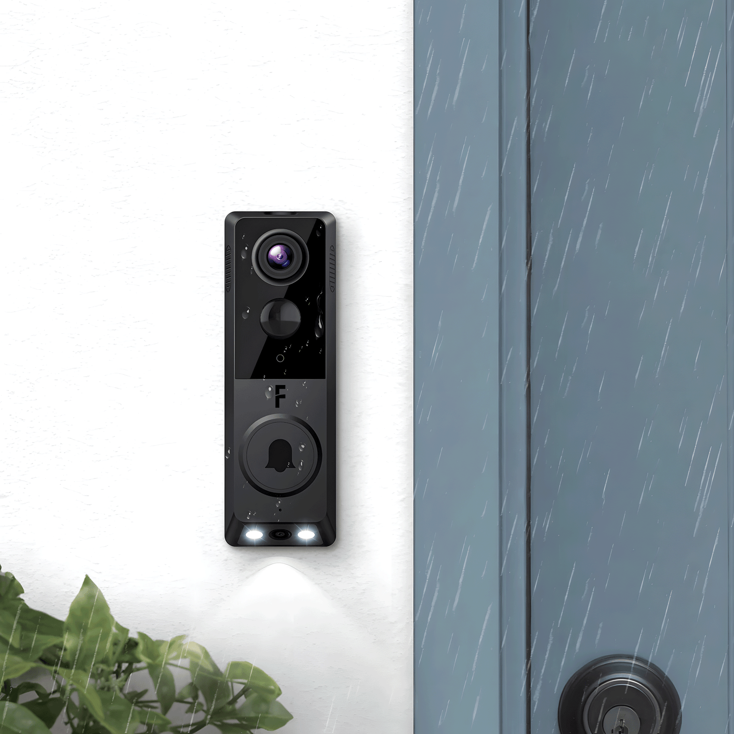 Timbre inteligente negro a prueba de agua instalado junto a una puerta azul bajo la lluvia.