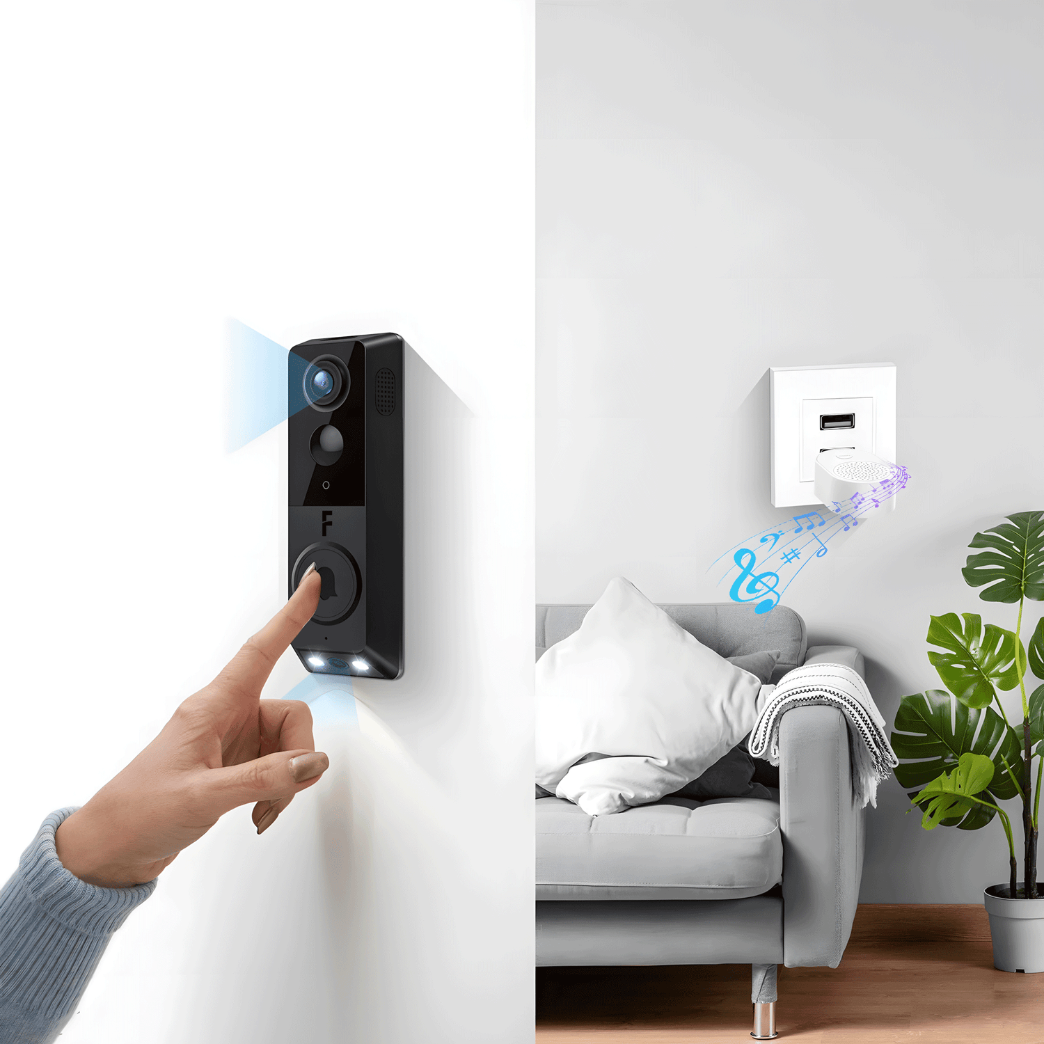 Timbre inteligente activa el timbre inalámbrico interior al pulsarlo.