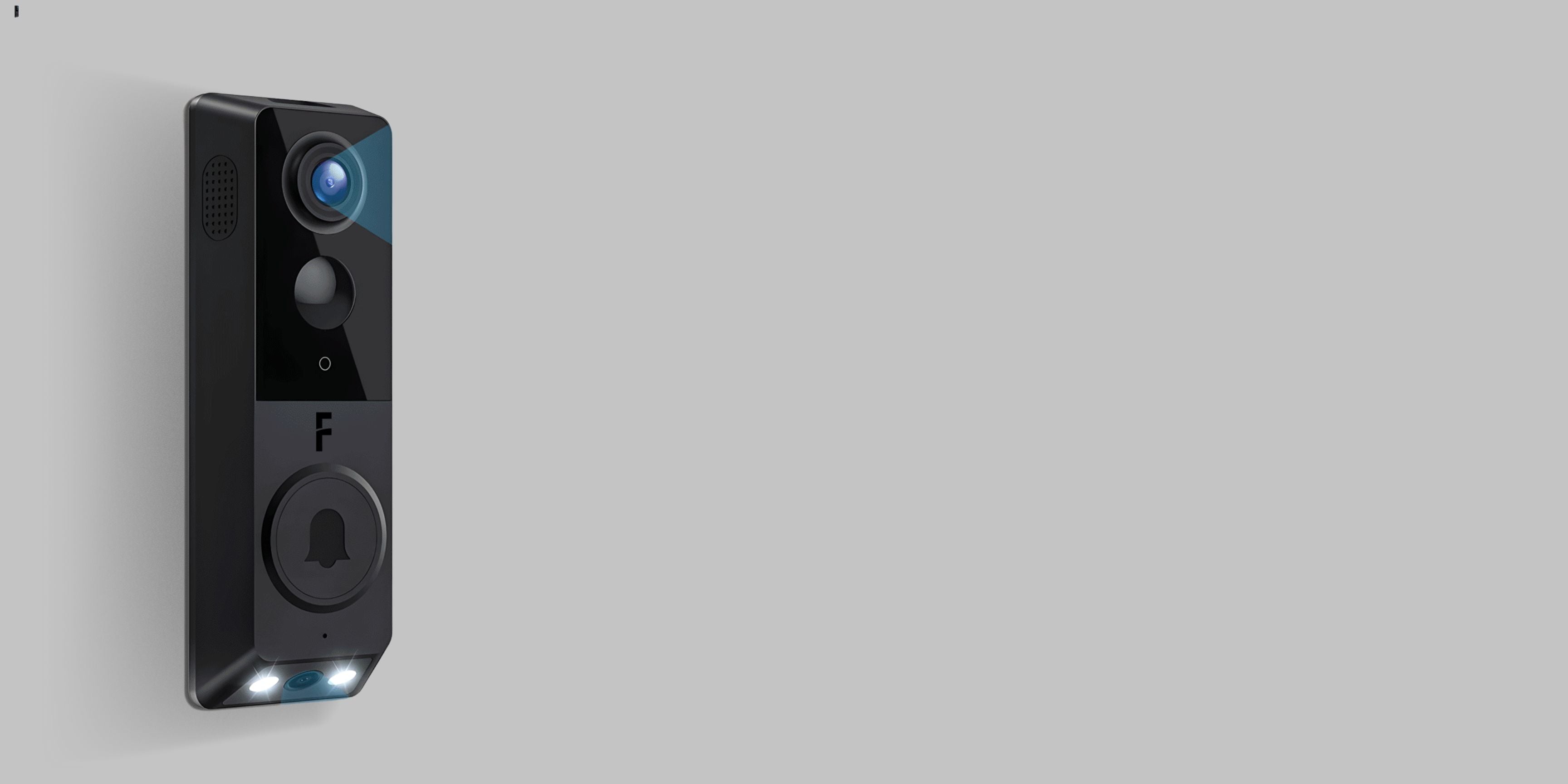 Timbre inteligente con video, doble cámara y luces LED montado en la pared.